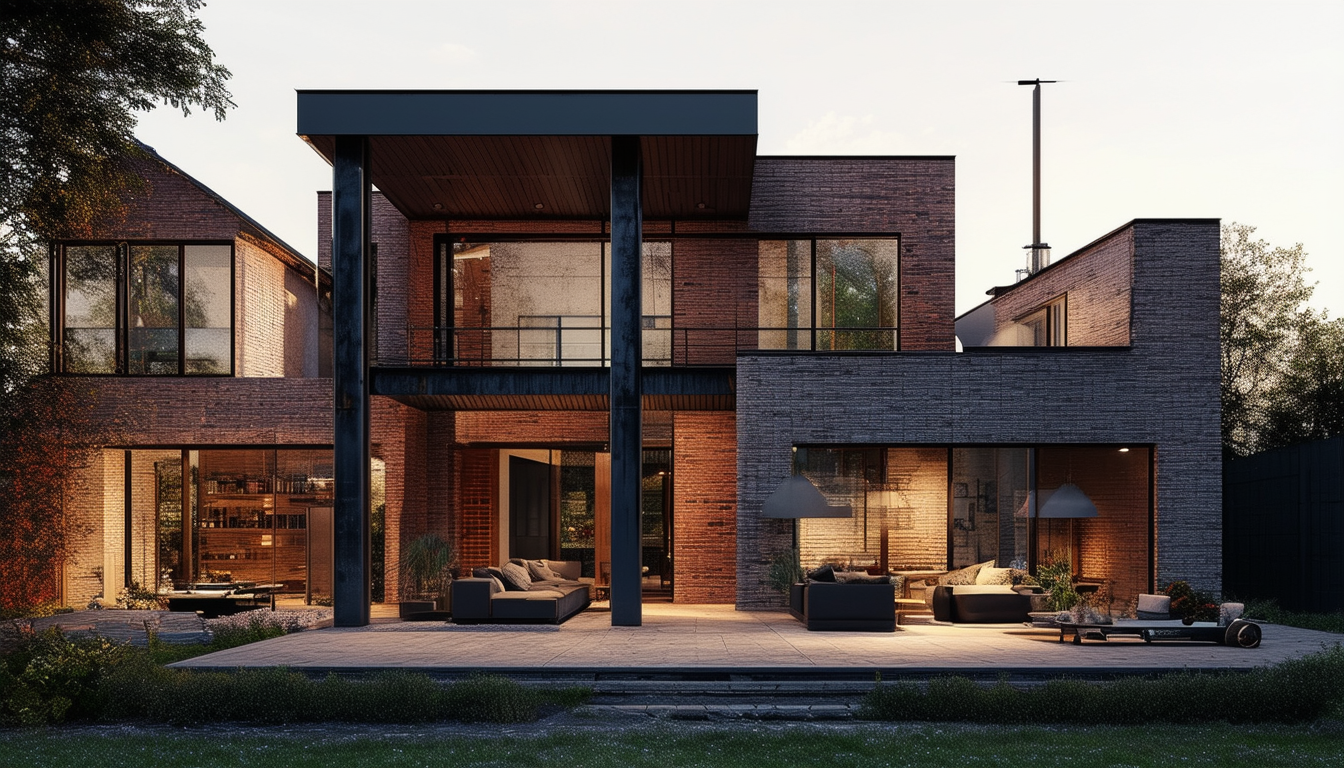 a brick house with a patio and a large porch