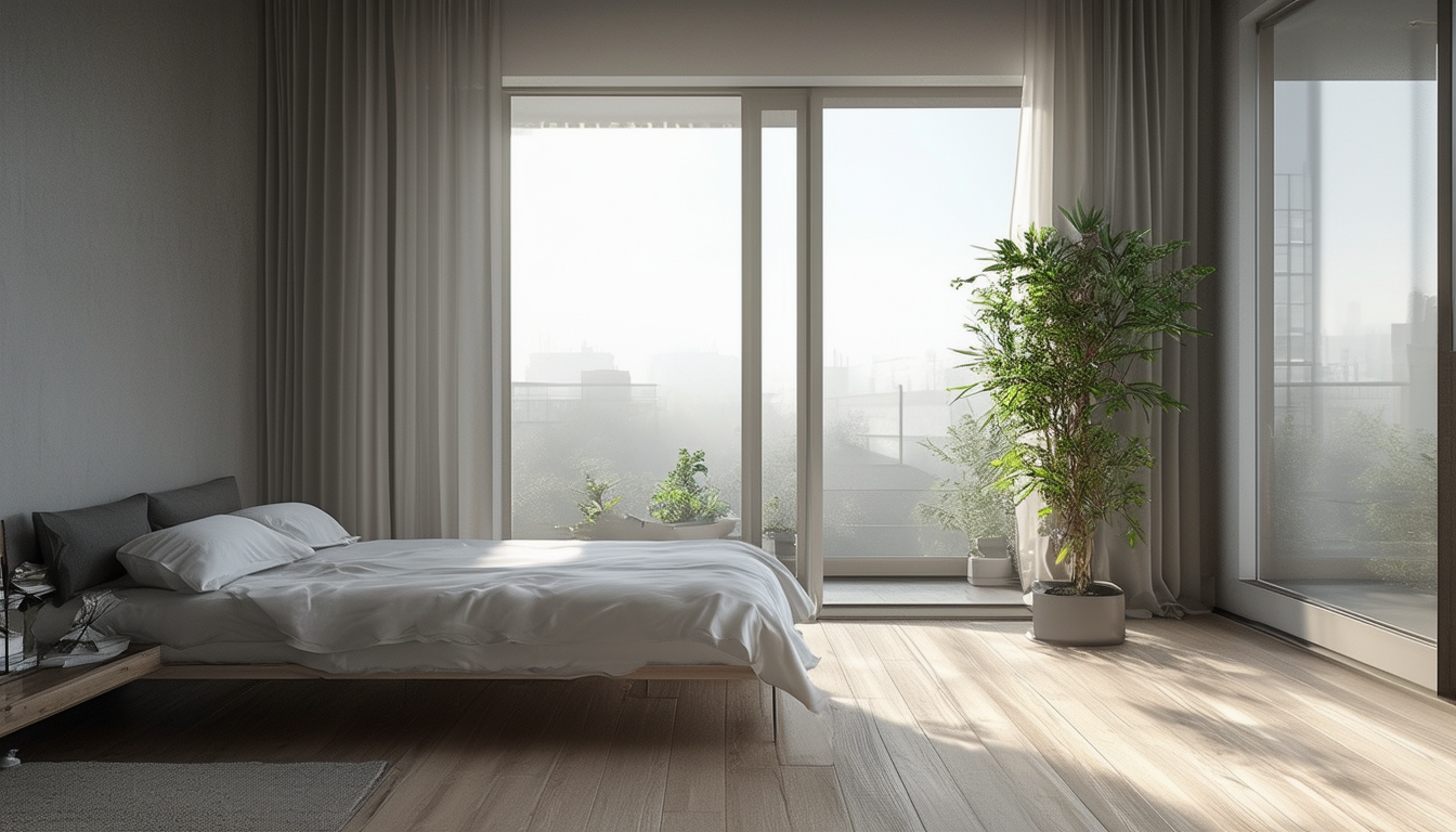 Elegant minimalist bedroom with white walls, wooden furniture, and potted plants on a nightstand against a background of sheer curtains.