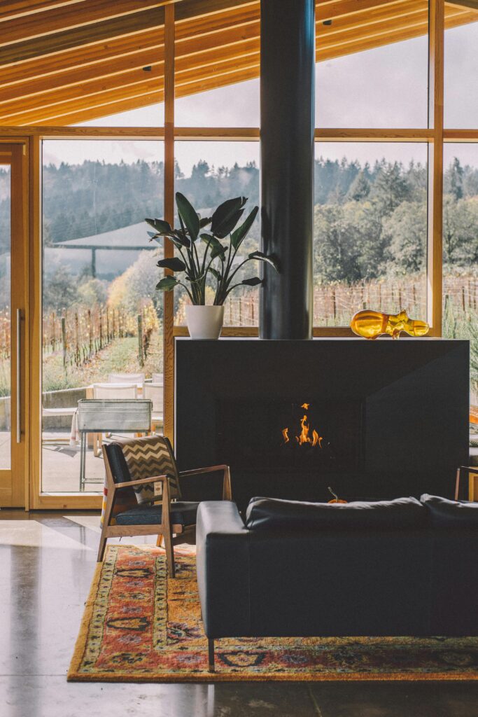 a fireplace in a room with a fireplace and a couch